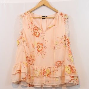 Kaari Blue Curvy Floral Sleeveless Ruffle Top